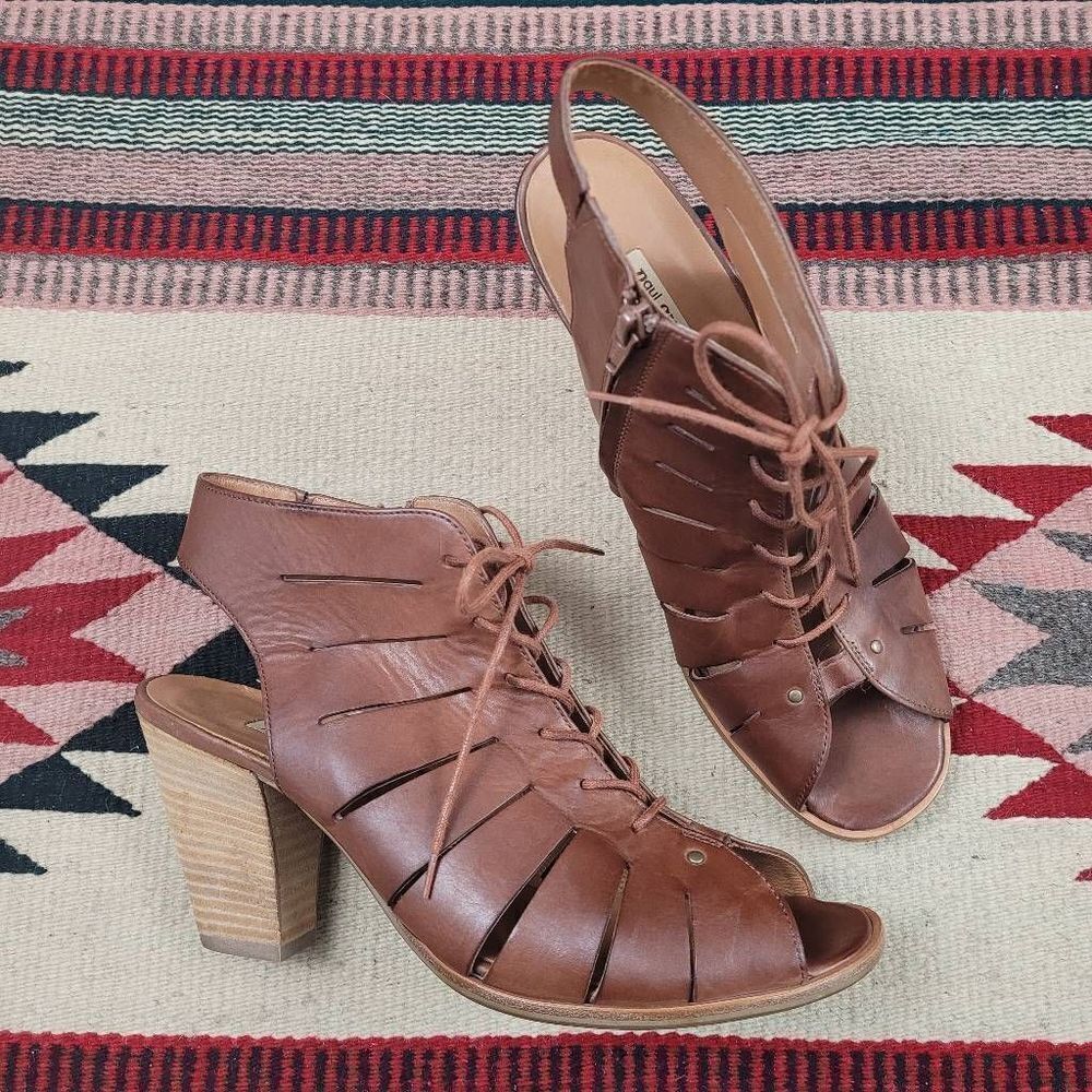 Paul Green Cosmo Peep Toe Sandal Bootie Sz 10 Brown Leather Lace Up Perforated